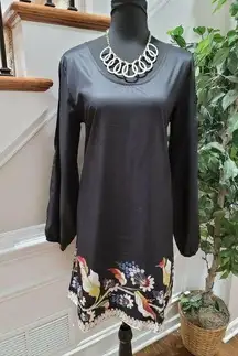 Women's Black Floral Polyester Scoop Neck Long Sleeve Knee Length Dress Size M