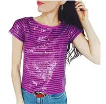 J. Crew Purple‎ Sequin Striped Top Short Sleeve Party Sparkle Women Size XS