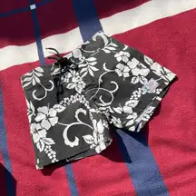 Vintage tropical l’attitude black white Hawaiian swim trunk shorts