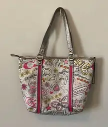 Coach  #F15712 Poppy Butterfly Graffiti Pink and Silver Shoulder Bag Authentic