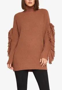 BCBGMAXAZRIA WOOL BLEND Brown Mock Neck Fringe Sleeve Sweater Tunic Size M