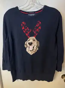 Women's Size M Lands' End Navy Supima Cotton Crewneck Animal Sweater 3/4 Sleeve