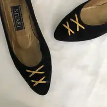 Vintage Stuart Black gold ballet ballerina flats maryjanes heels gold bow-Size 6M