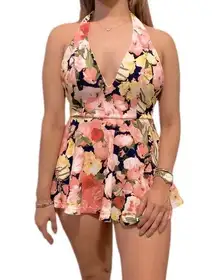 Dark Blue Floral Fit and Flare Romper