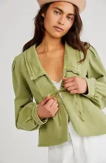 Free People Katrina Bed Jacket Khaki Moss Green Cotton Tie Front Size Small