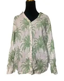 Tahari Sz S 100% Linen White Green Tropical Palm Tree Shirt Vacation Resort