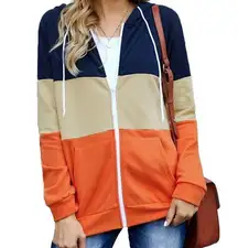 BLUE TAN ORANGE COLOR BLOCK FULL ZIP DRAWSTRING HOODIE SIZE XL 16-18