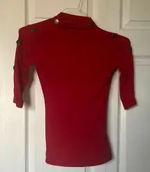 Bershka | Red Button-Detail Mockneck 1/2 Sleeve Top XS