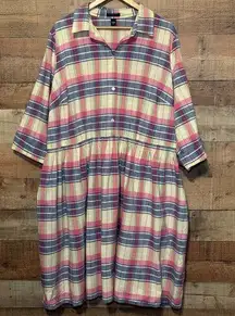 Lands'End  Plaid Madras Shirt Dress Women's size 24W Cotton Pastel Career Work