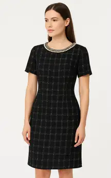 Leslie Fay Dress Womens 10 Tweed Black White Pearl Short Sleeve Business Chic