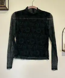 Anthropologie Gauzy Semi Sheer Green Floral Turtleneck Long Sleeve Shirt XS