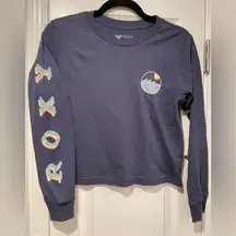 NWT Roxy Size XS Blue Crew Neck Long Sleeve Logo Cropped Tee Shirt Surf Beach 90