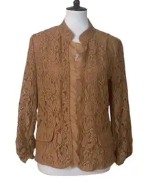 Chico’s Size 1 Tan Tobacco Lace Open Front Boho Casual Blazer Women's Small