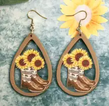 Western Retro Personality Cowboy Boots Sunflower Earrings Wooden Water Drop‎