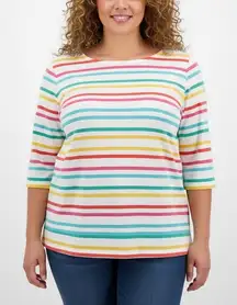 Talbots Plus Size 3X Striped 3/4 Sleeve Boat Neck Cotton Top Multicolored