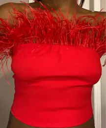 Fashion Nova Red Feather Crop Top