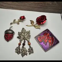 Leaf, Rose, Flower, Acorn, Leaves Brooch Pin Lot Of 5 Vintage - Modern