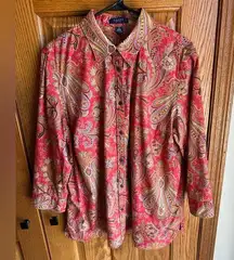 Chaps by Ralph Lauren Woman 1X Red Paisley Classic Button Up Blouse
