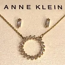 NEW Anne Klein 20" Circle NECKLACE & EARRINGS Set Gold Plate CZ Baguettes Boxed
