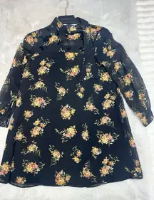 Zara Basic Black Sheer High Neck Long Sleeve Floral Dress Size S