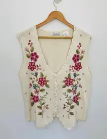 Vintage Floral Sweater Vest Alyssa Brooke Embroidered White Pink Flowers Cotton