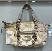 Coach  Women's Poppy Satchel Metallic Patchwork Canvas Purse Bag Tote Handbag