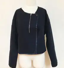 Wool Slouch Zipper Cropped Navy Jacket