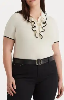 Lauren Ralph Lauren Two Tone Ruffle Trim Polo SS Sweater Sz XXL Cream Black
