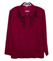 Notations Woman‎ Red Zipper Felt Jacket Black Embroidered Design Size 2X