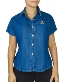 ✨1990s Vintage Disney Mickey Mouse Denim Sz L Shirt Button Down Retro Casual✨