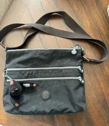 Kipling Alvar Crossbody‎ Bag Purse Lightweight Nylon Black. Multi Zipper