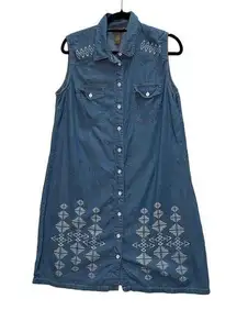 Bit And Bridle Dress Womens Medium Chambray Embroidered Button Front Shift Blue