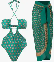 One Piece Swimsuit and Coverup Set Green Floral Size Medium