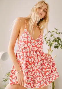 Urban Outfitters Blair Red Floral Shorts Romper Size M Playsuit Lace-up Ties NEW