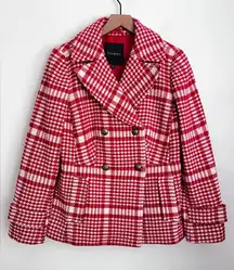 Talbots red houndstooth Wool blend Plaid Pea Coat double breasted quiet luxury 8