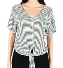 Lush Clothing LUSH green & white striped boxy cropped front button knot top