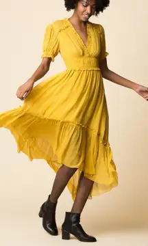 Ulla Johnson Sonja Midi Dress Women 6 Yellow 100% Silk Peasant Prairie Milk Maid