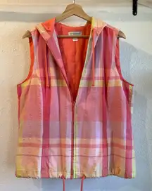 Vintage Cotton Pink Plaid Print Utility Cargo Hooded Zip Up Vest Top Size Large