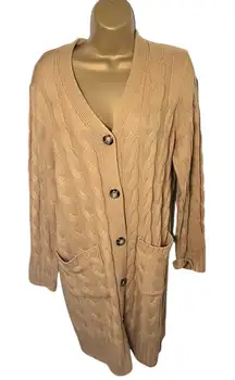 MEROKEETY Cable Knit Cardigan Longline Button Front Tan L