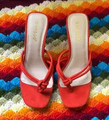 Y2K 2000s Orange thong slip on kitten heels sandals pumps with a cute knot detail square toe