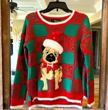 Christmas Sweater Puppy Dog Santa Hat Red Green Womens Medium 33 Degrees Comfy