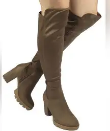 WILD DIVA GOSSIP-10 PLATFORM CHUNKY HEEL OVER THE KNEE HIGH BOOTS TAUPE SIZE 7