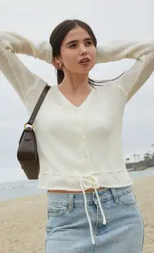 John Galt White Button Front Tie‎ Cardigan Wool Angora Blend White One Size