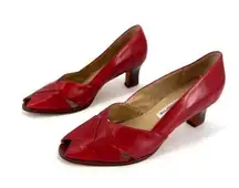 Vintage Liz Claiborne peep toe red leather square heels made in Brazil Size 8.5