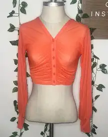 Urban Outfitters Long Sleeve Ruched Mesh Button Up Blouse