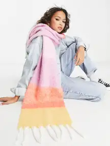 ASOS Colorblock Scarf Pink Green White Fringe Fuzzy Cozy Warm Women