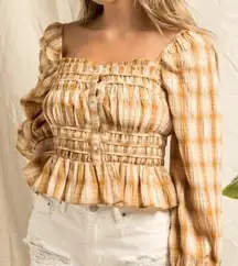 Bohme Brown Beige Plaid Smocked Blouse Size Large