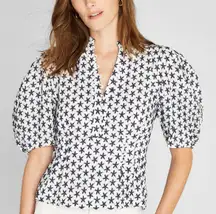 Club Monaco Embroidered Balloon Sleeve Top White Navy Size Small