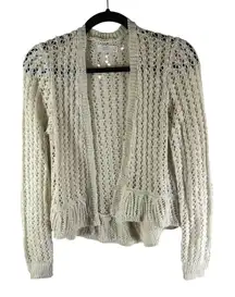 Lauren Conrad Ivory Open Crochet Knit Cardigan Sweater Ruffle Hem S