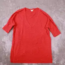 Eileen Fisher Orange V Neck Short SLeeve Organic Cotton Linen Sweater size XS‎